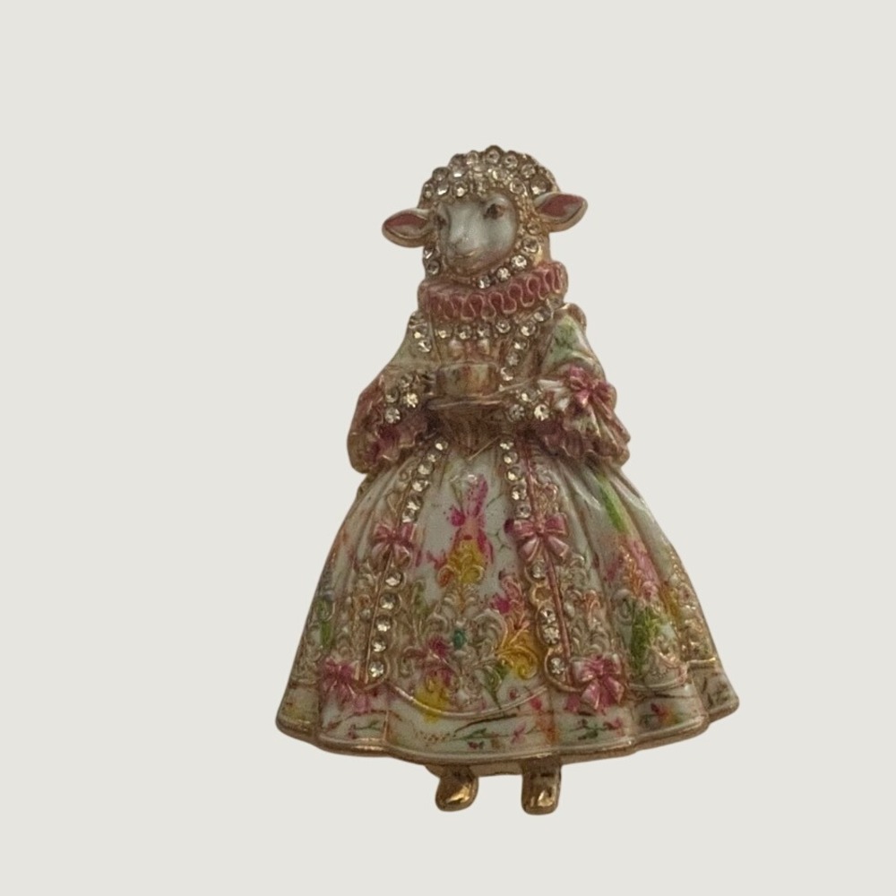Vintage Style Rhinestone Sheep Lady Brooch Enamel Princess Lamb Pin Antique Gown